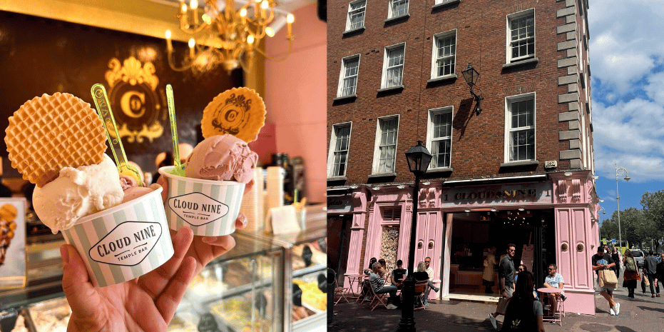Cloud Nine Ice Cream Temple Bar with two tubs and outside of Bachelors Walk shop 