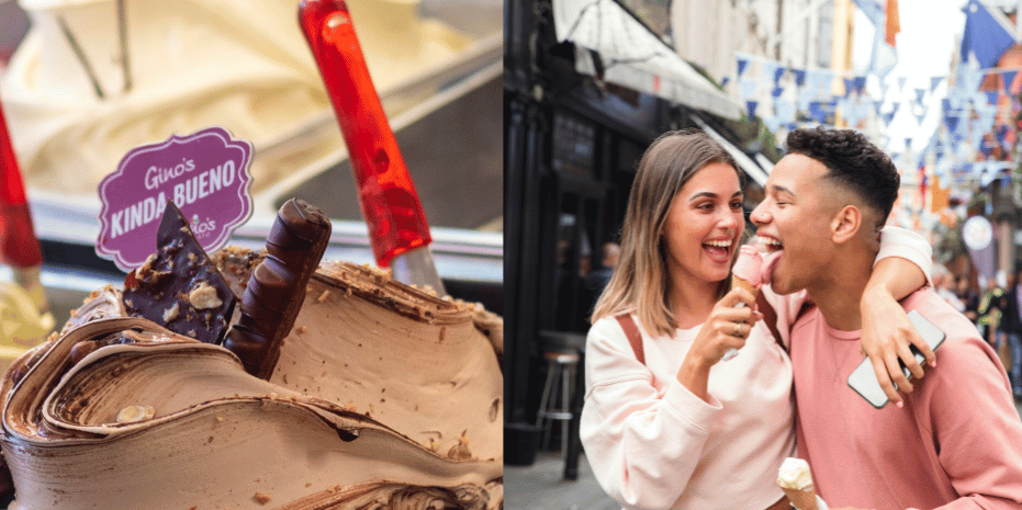 Gino Ice-cream in tubs filled up and a woman lets her boyfriend lick her ice cream cone