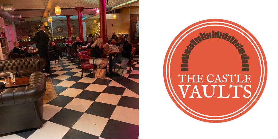 Castle Vaults logo, with an image of the restaurant. Located in the Castle Hotel