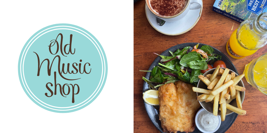 Old Music Shop Logo, with a dish of fish and chips. Restaurant located in the Castle Hotel