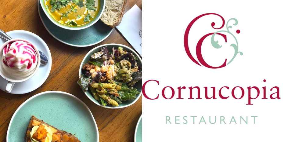 Cornucopia logo with buffet style dining. Vegan and Vegetarian.