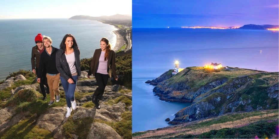 Group climbing Killiney Hill in Dublin and Howth Cliff Path at Night with Lighthouse in distant