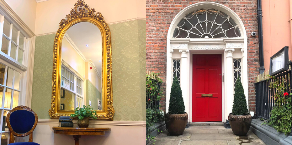Gilded Mirror and blue antique chair and Red Georgian Door of Castle Hotel Dublin