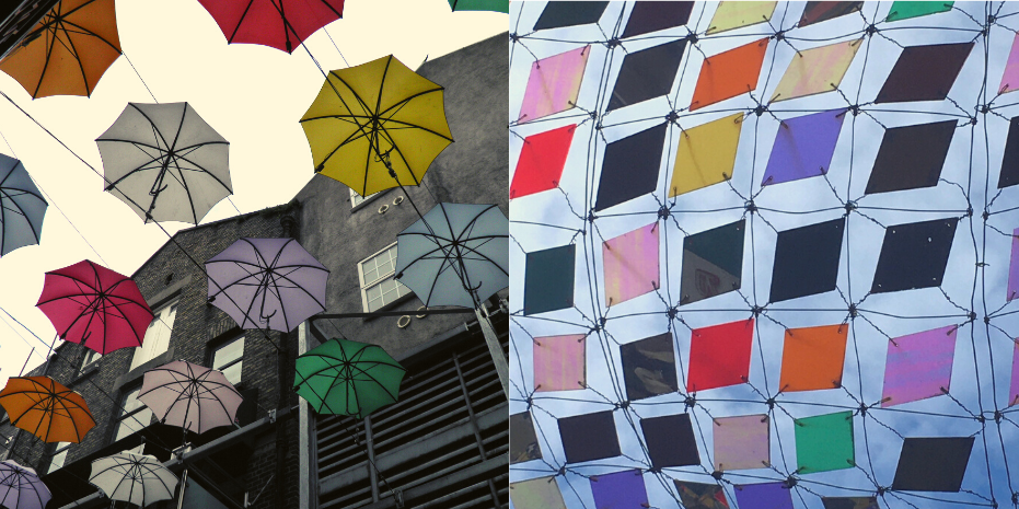 Colourful Umbrellas in the Dublin Sky and Pretty coloured mosaic tiles in sky