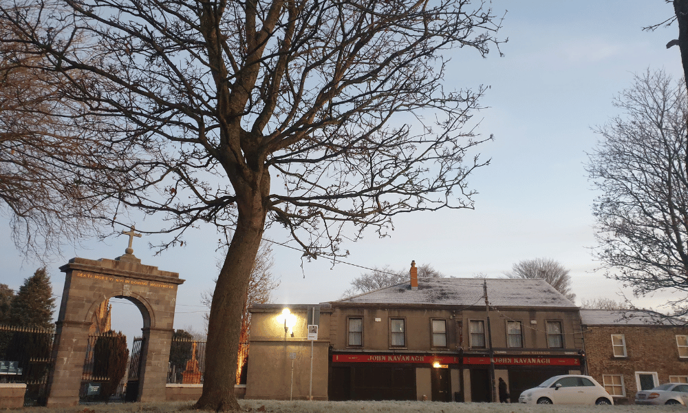 View of gravediggers pub and glasnevin cemetery on a winters day